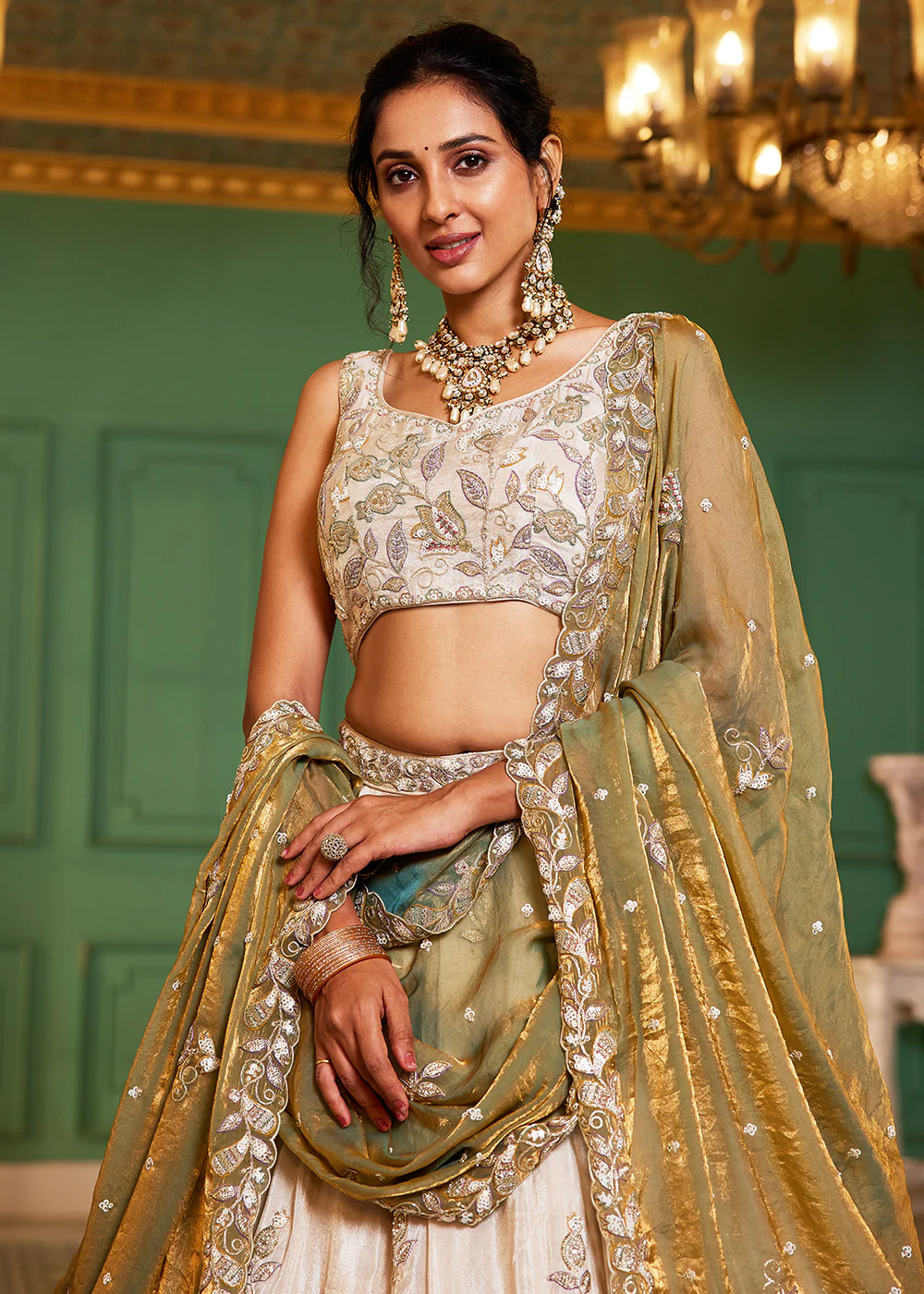 Cream & Green Tissue Embroidered Bridal Lehenga Choli - Image 2
