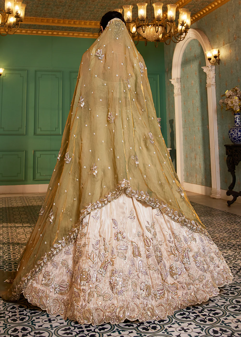 Cream & Green Tissue Embroidered Bridal Lehenga Choli - Image 3
