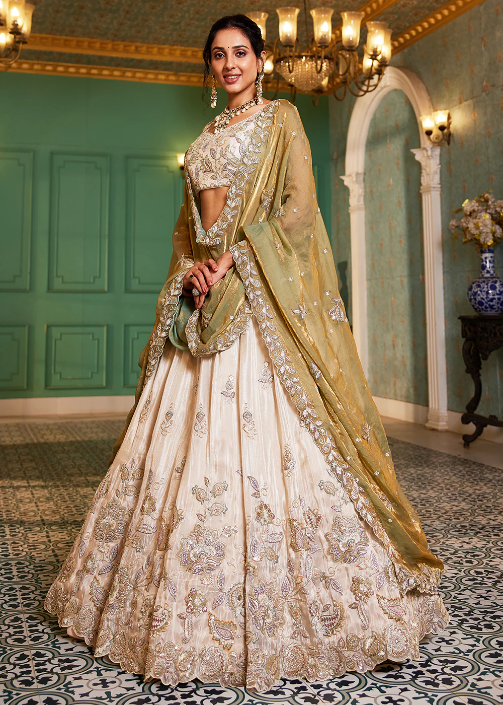 Cream & Green Tissue Embroidered Bridal Lehenga Choli - Image 4