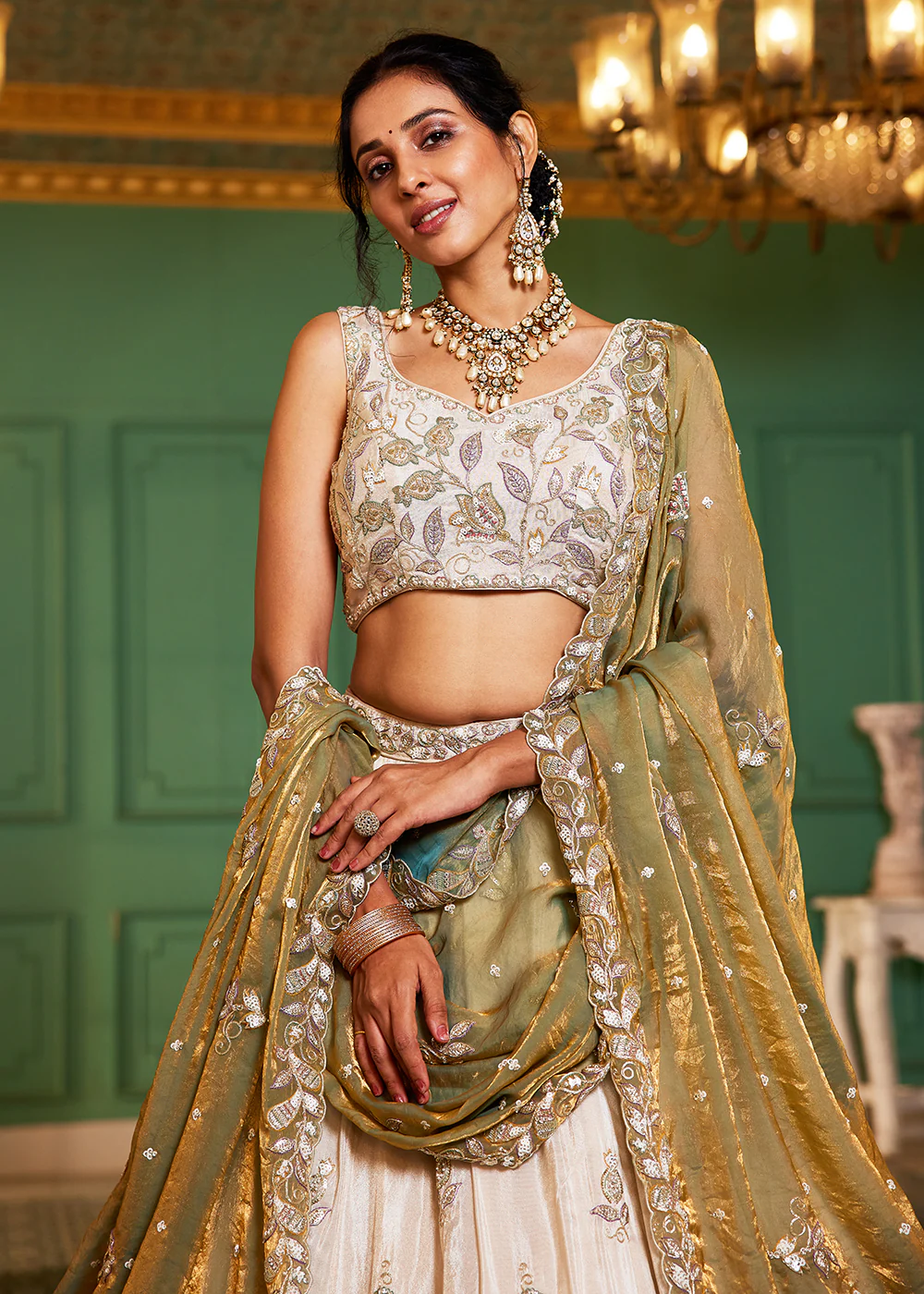 Cream & Green Tissue Embroidered Bridal Lehenga Choli - Image 5