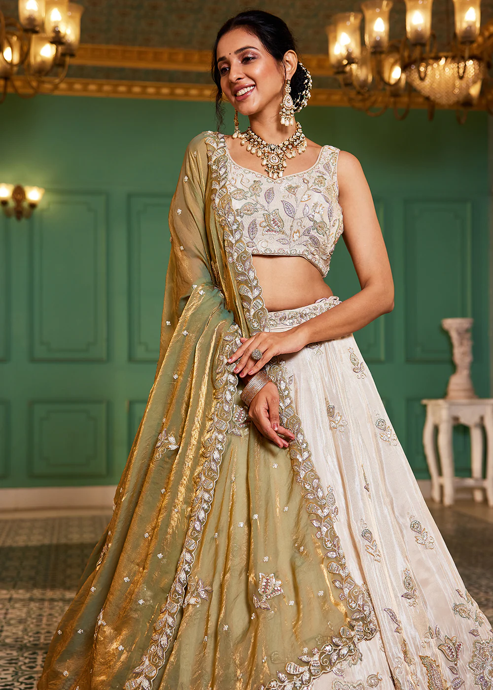 Cream & Green Tissue Embroidered Bridal Lehenga Choli - Image 6