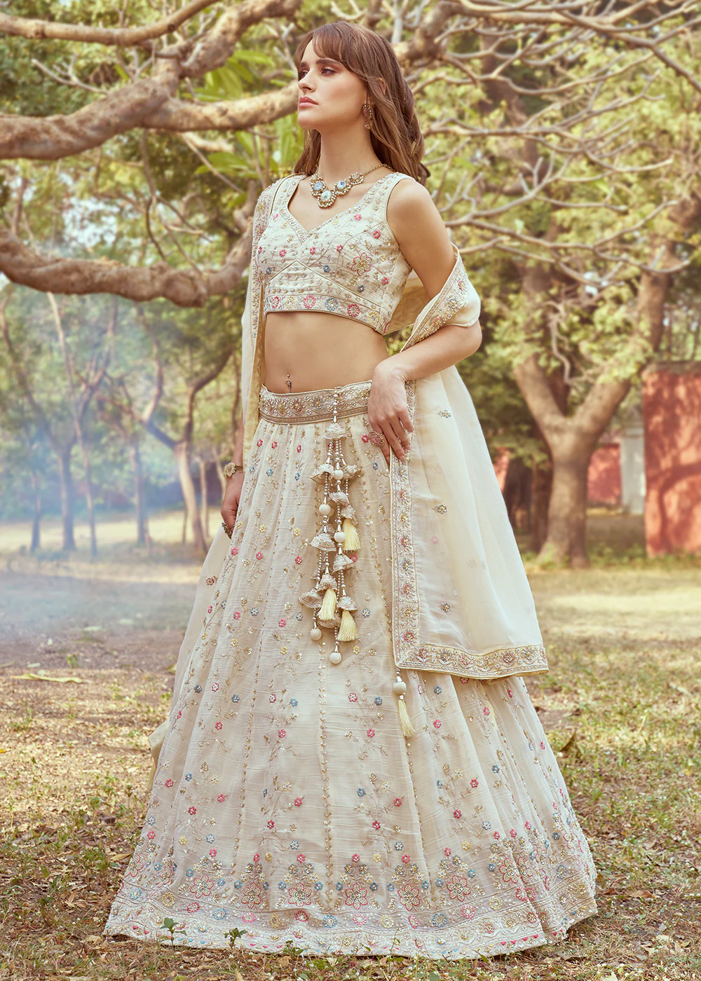 Cream Hand Work Embroidered Wedding Lehenga Choli - Image 4