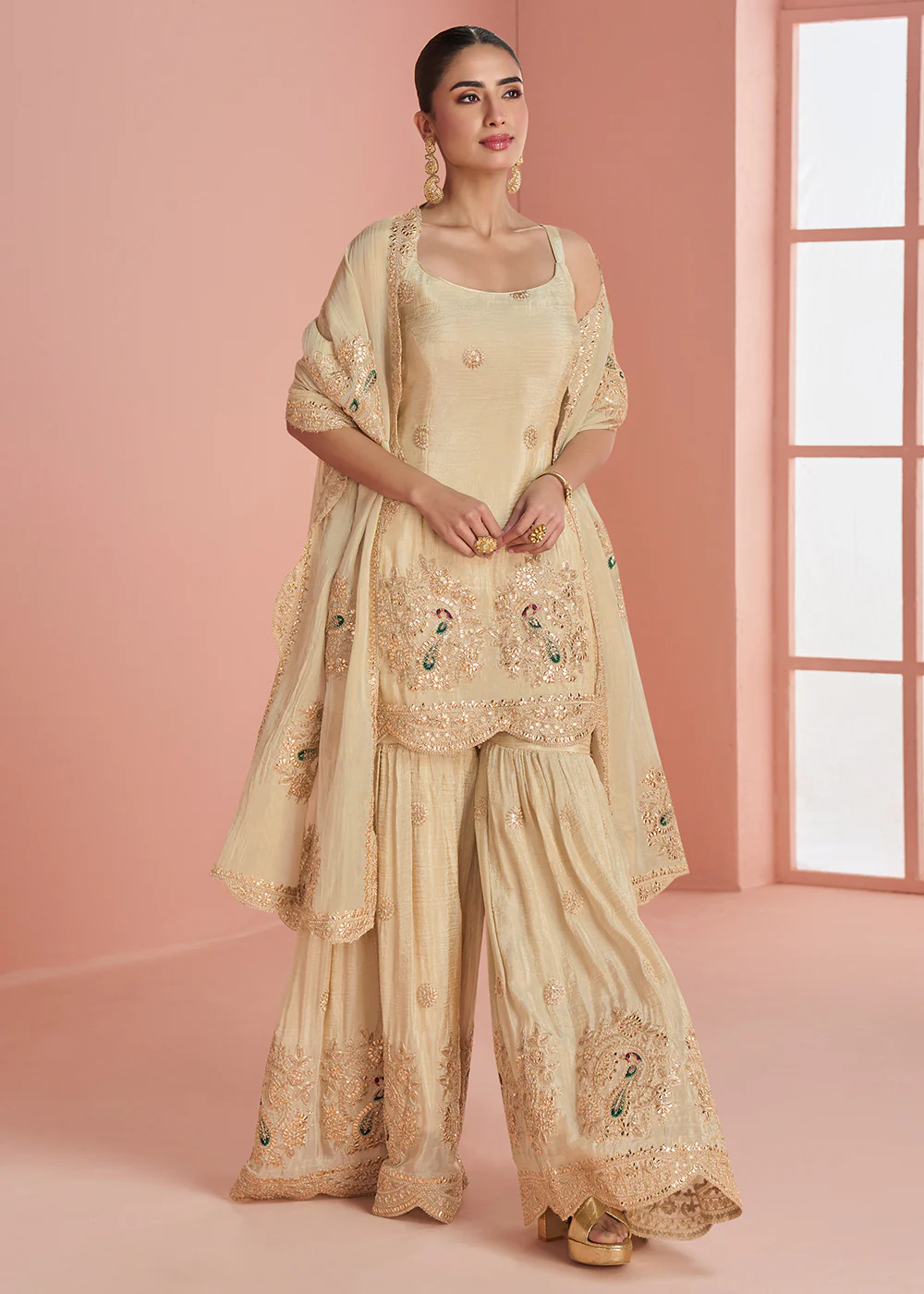Cream Indo Western Style Designer Party Gharara Suit