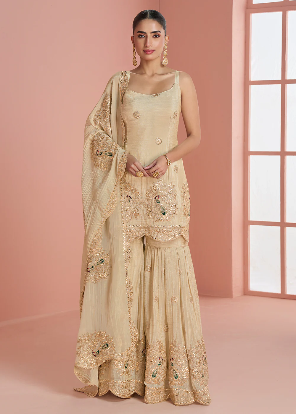 Cream Indo Western Style Designer Party Gharara Suit - Image 3