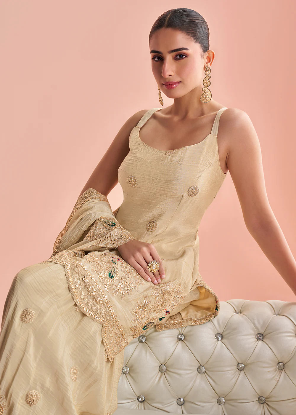 Cream Indo Western Style Designer Party Gharara Suit - Image 4