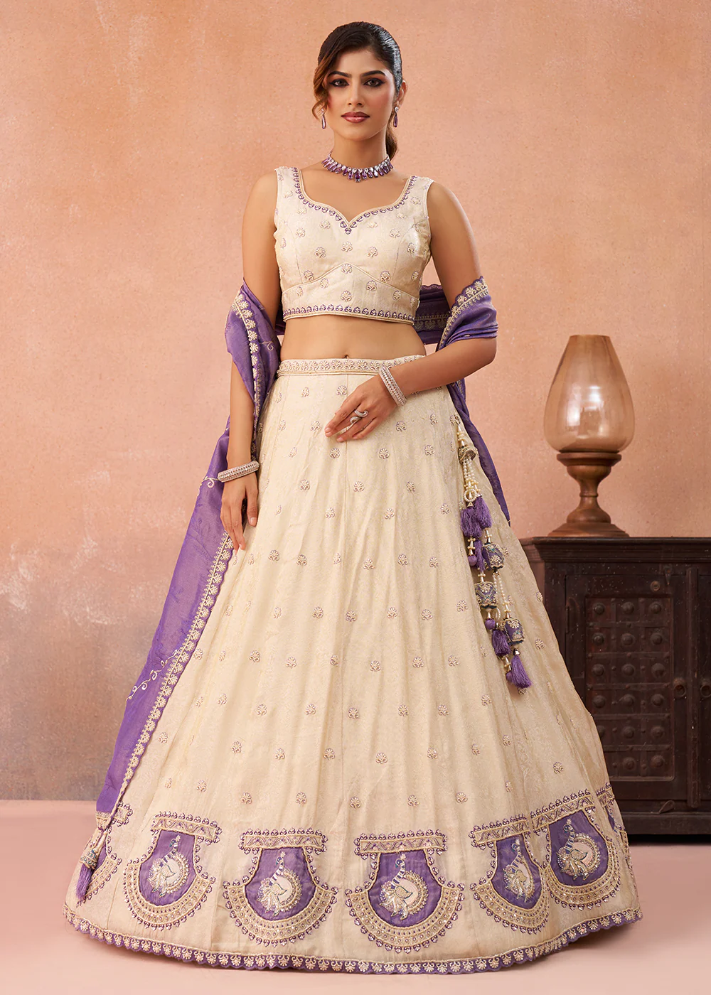 Cream Jacquard with Peacock Patch Work Lehenga Choli
