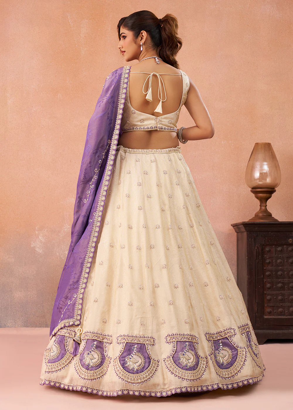 Cream Jacquard with Peacock Patch Work Lehenga Choli - Image 3