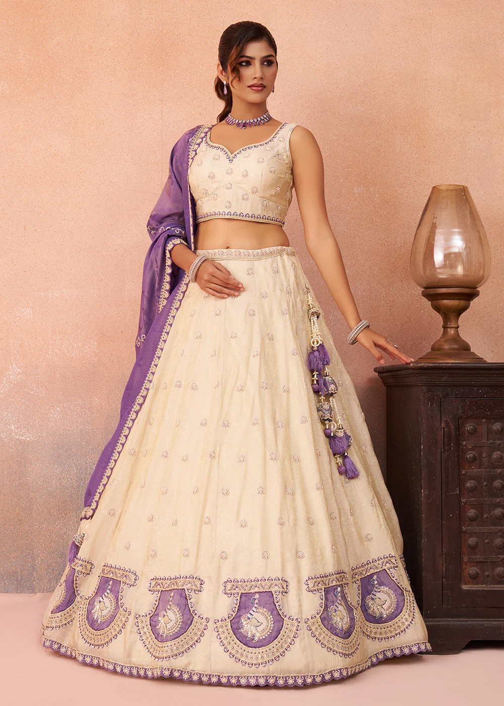 Cream Jacquard with Peacock Patch Work Lehenga Choli - Image 4