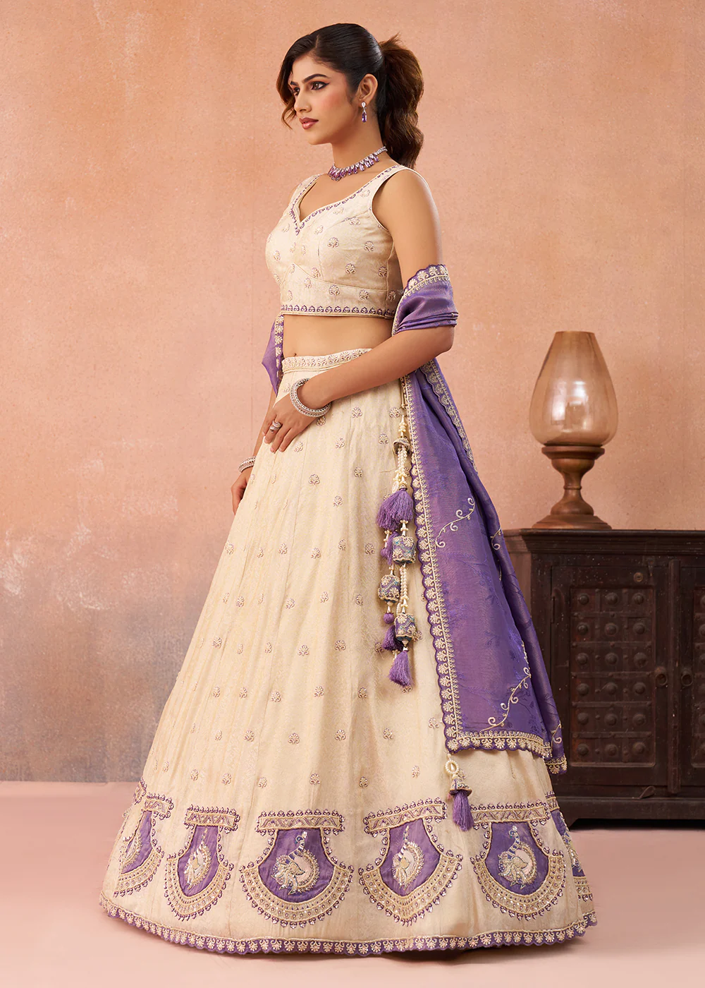 Cream Jacquard with Peacock Patch Work Lehenga Choli - Image 5