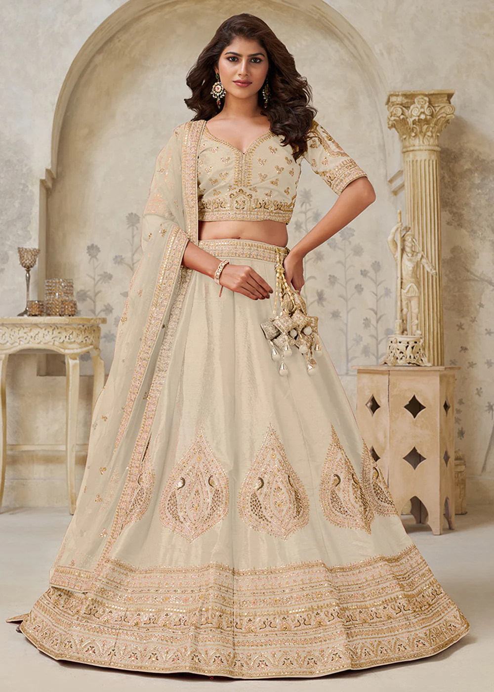 Cream Leaf Motifs Embroidered Wedding Lehenga Choli