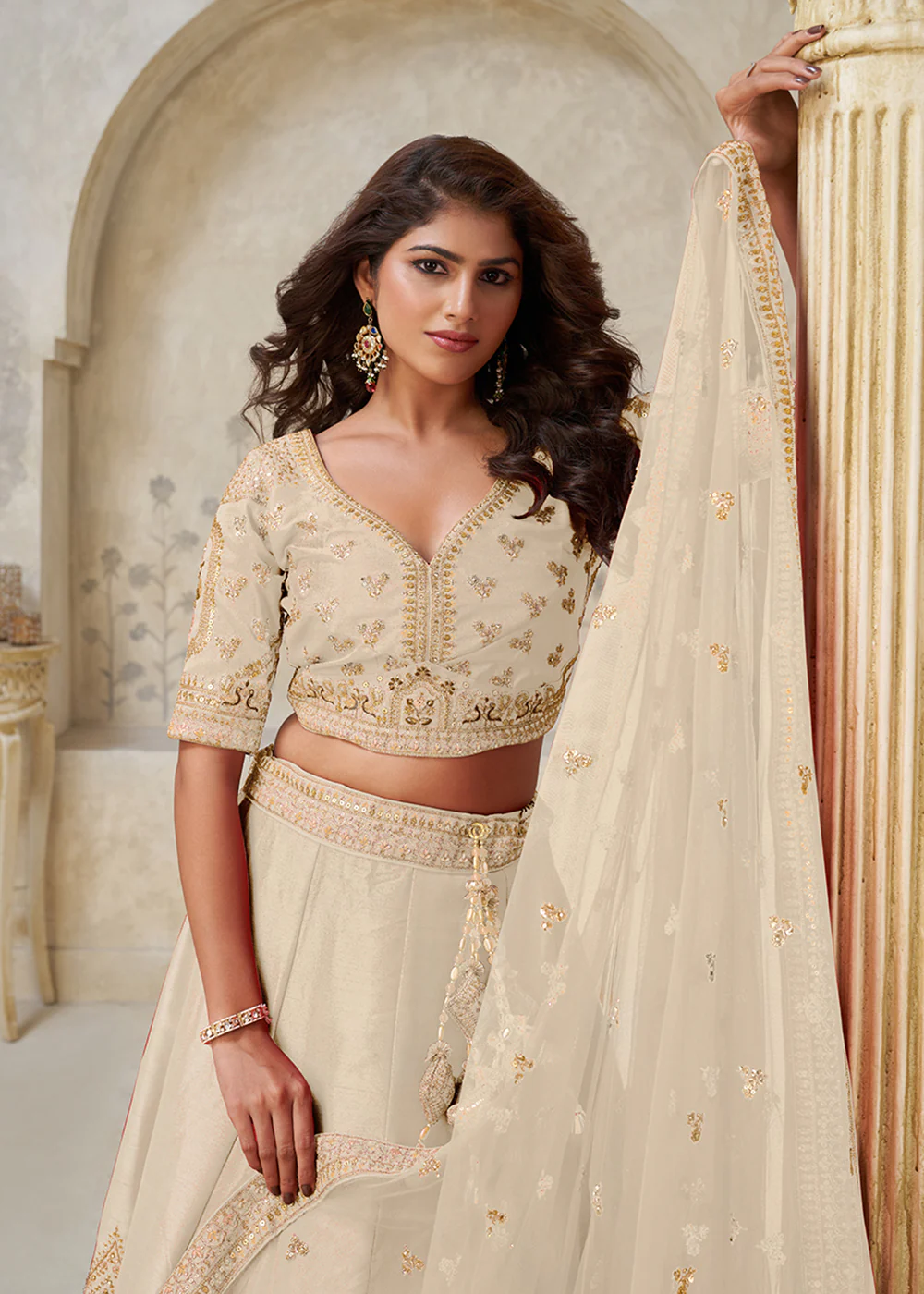 Cream Leaf Motifs Embroidered Wedding Lehenga Choli - Image 2