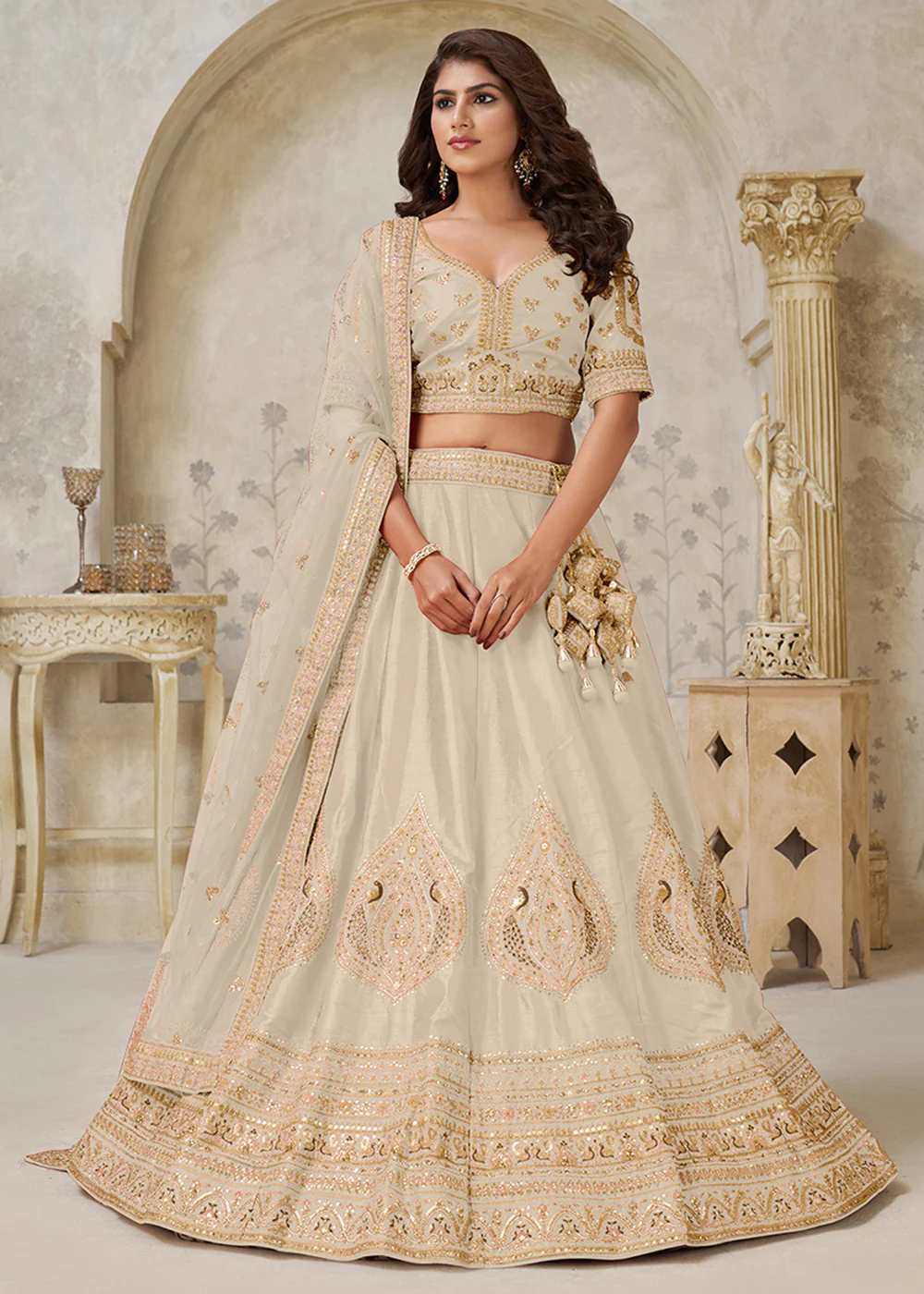 Cream Leaf Motifs Embroidered Wedding Lehenga Choli - Image 5