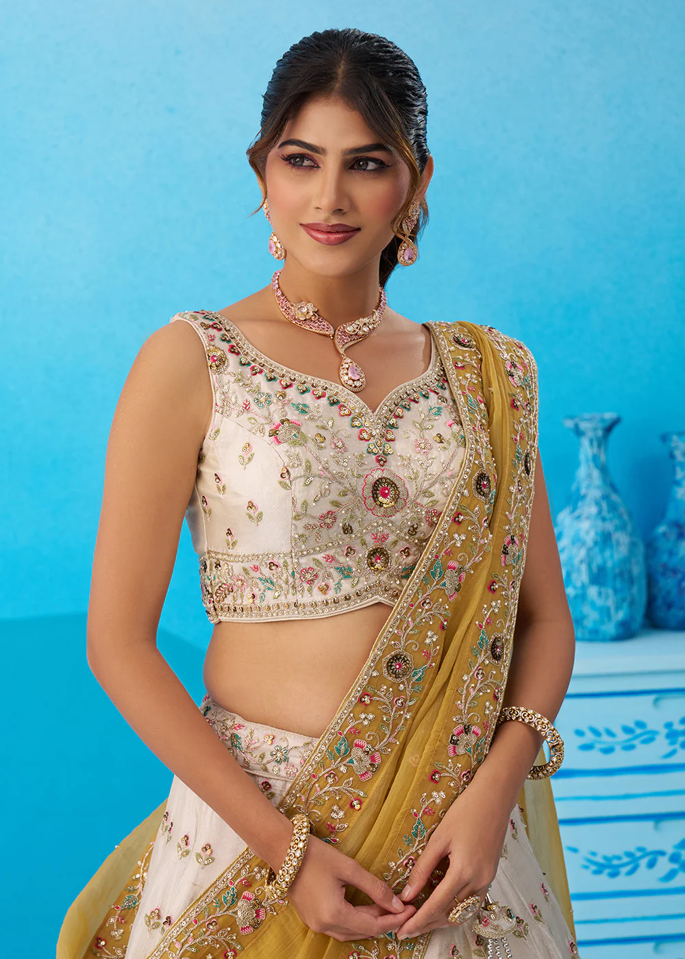 Cream Multicolor Patch Work Lehenga Choli with Mustard Dupatta - Image 2