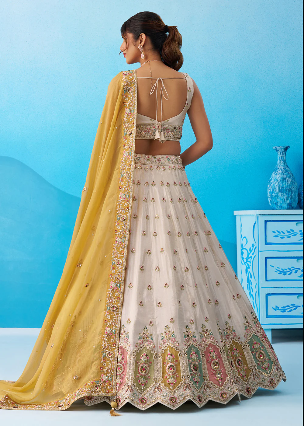 Cream Multicolor Patch Work Lehenga Choli with Mustard Dupatta - Image 3