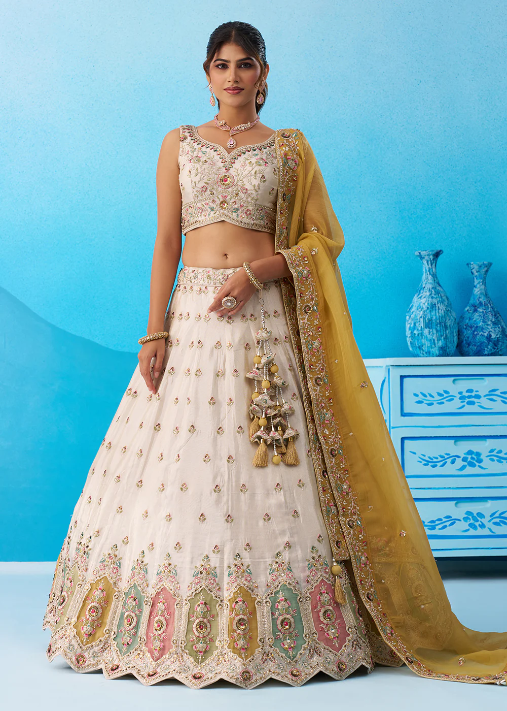 Cream Multicolor Patch Work Lehenga Choli with Mustard Dupatta - Image 4