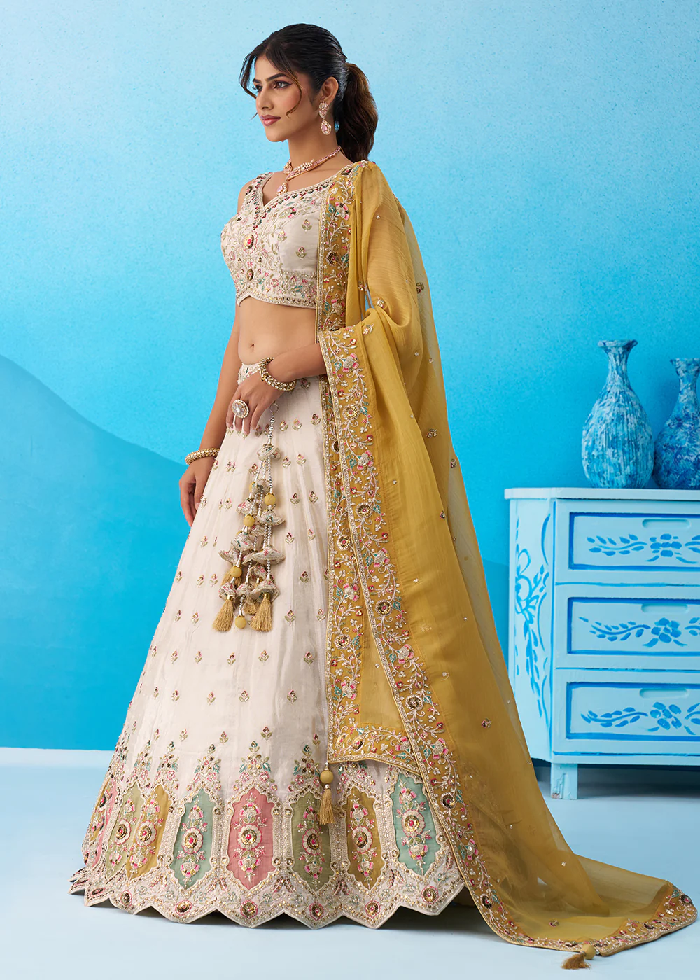 Cream Multicolor Patch Work Lehenga Choli with Mustard Dupatta - Image 5
