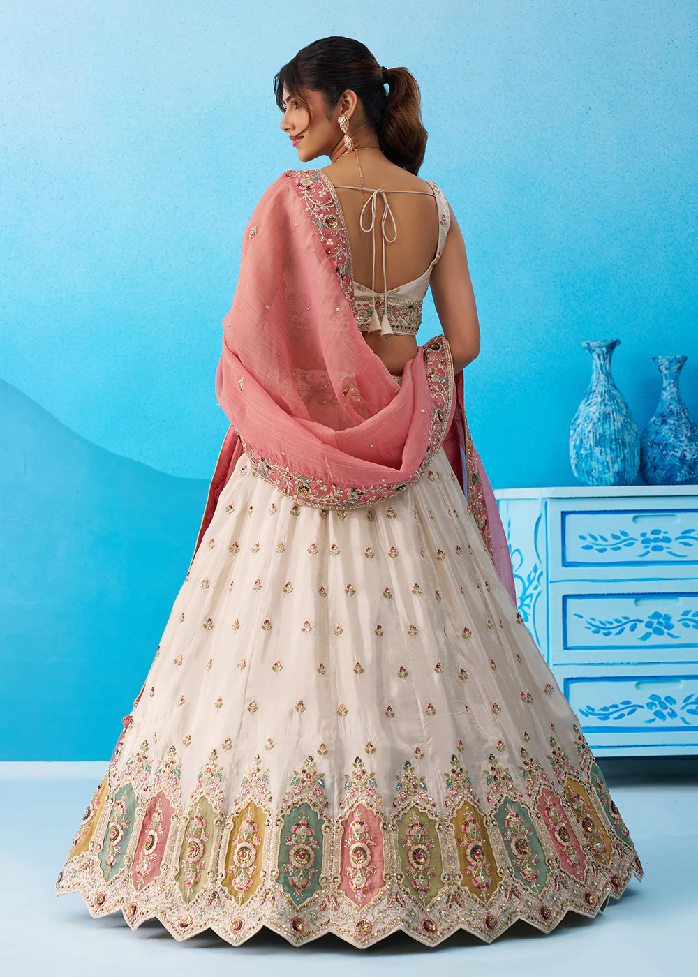 Cream Multicolor Patch Work Lehenga Choli with Pink Dupatta - Image 3