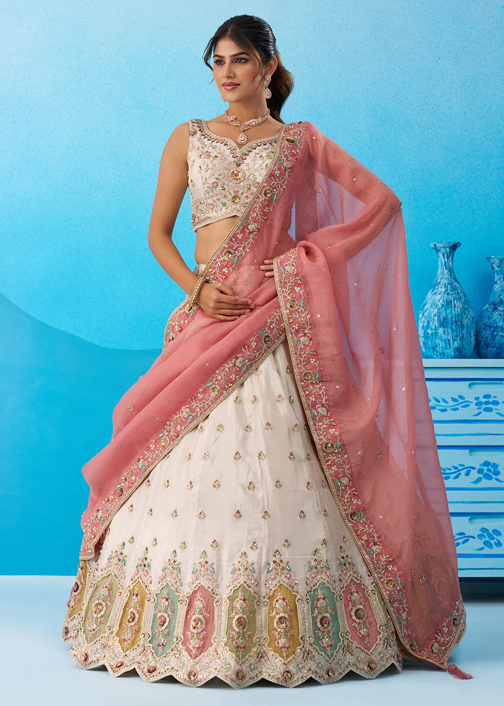 Cream Multicolor Patch Work Lehenga Choli with Pink Dupatta - Image 4