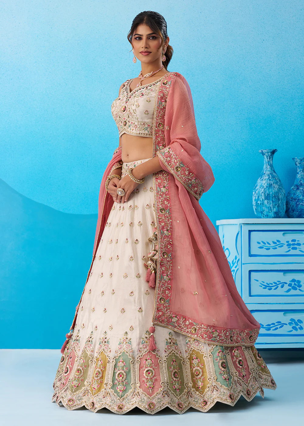 Cream Multicolor Patch Work Lehenga Choli with Pink Dupatta - Image 5