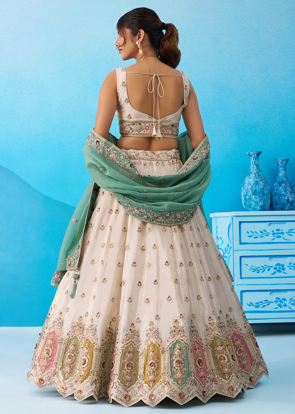 Cream Multicolor Patch Work Lehenga Choli with Sky Dupatta - Image 3
