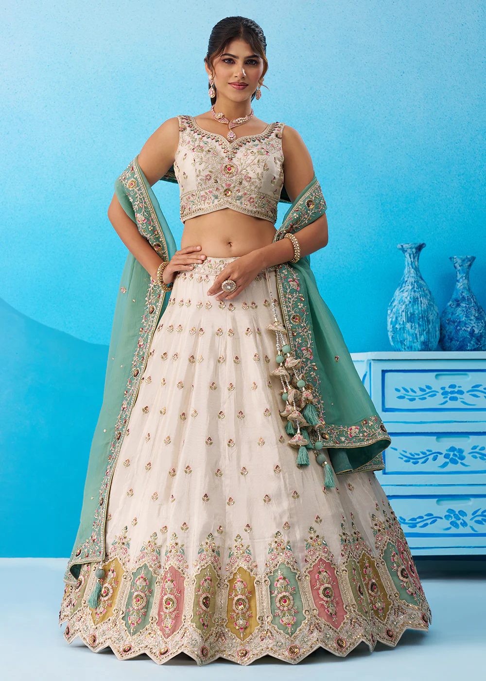 Cream Multicolor Patch Work Lehenga Choli with Sky Dupatta - Image 4
