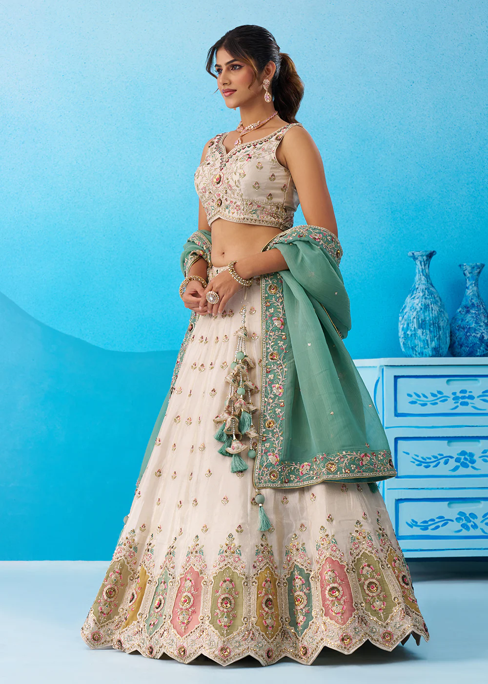 Cream Multicolor Patch Work Lehenga Choli with Sky Dupatta - Image 5