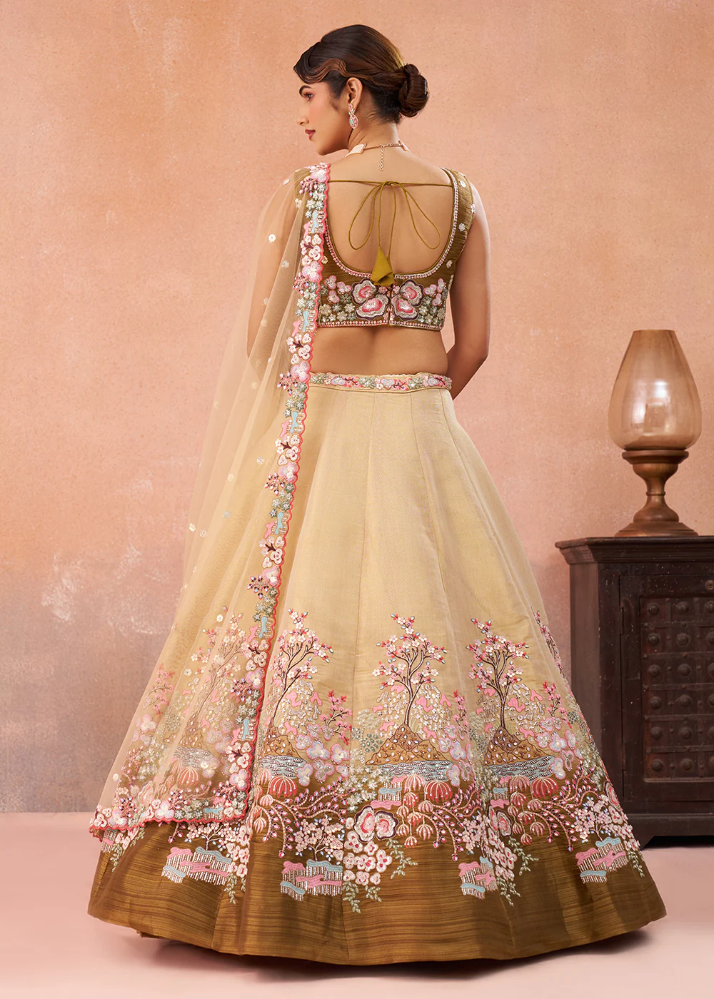 Olive & Mustard Embroidered Wedding Lehenga Choli - Image 3