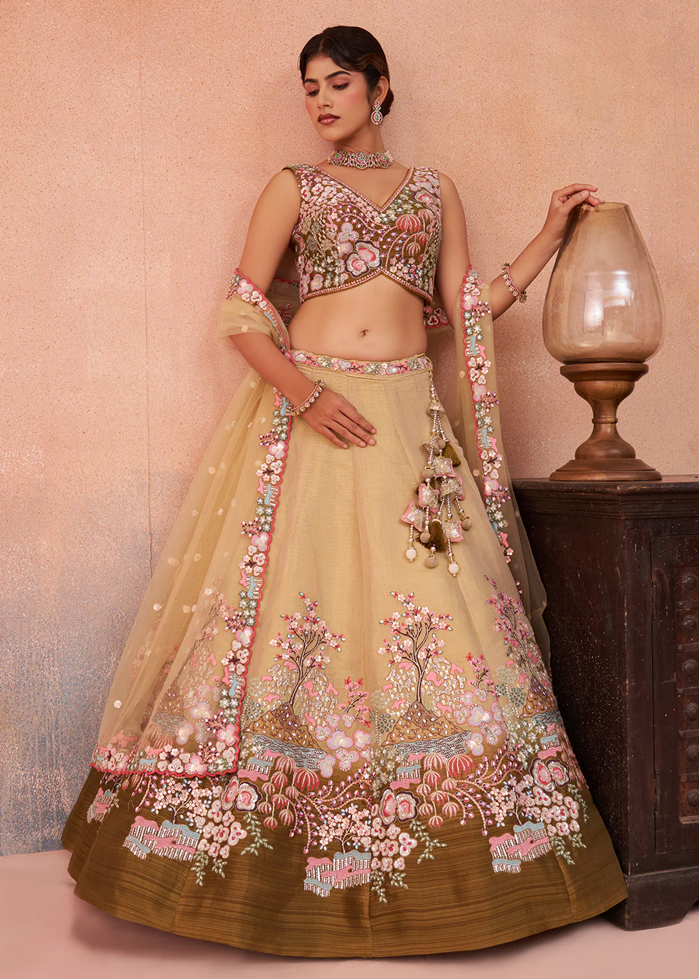 Olive & Mustard Embroidered Wedding Lehenga Choli - Image 4