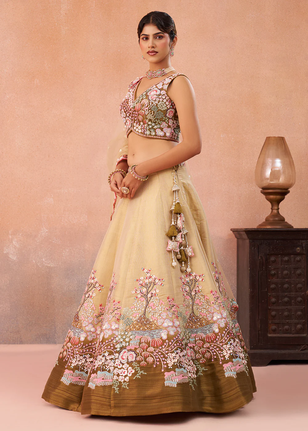 Olive & Mustard Embroidered Wedding Lehenga Choli - Image 5