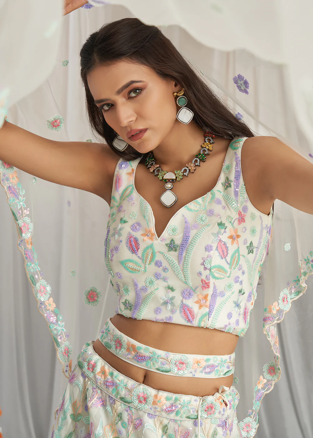 Cream Net Floral Embroidered Designer Lehenga Choli - Image 2