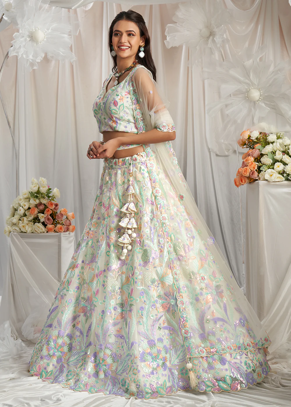Cream Net Floral Embroidered Designer Lehenga Choli - Image 5