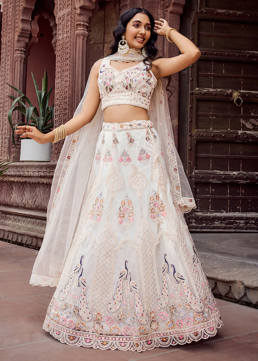 Cream Net Wedding Function Style Lehenga Choli