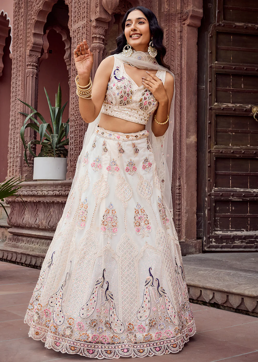 Cream Net Wedding Function Style Lehenga Choli - Image 4