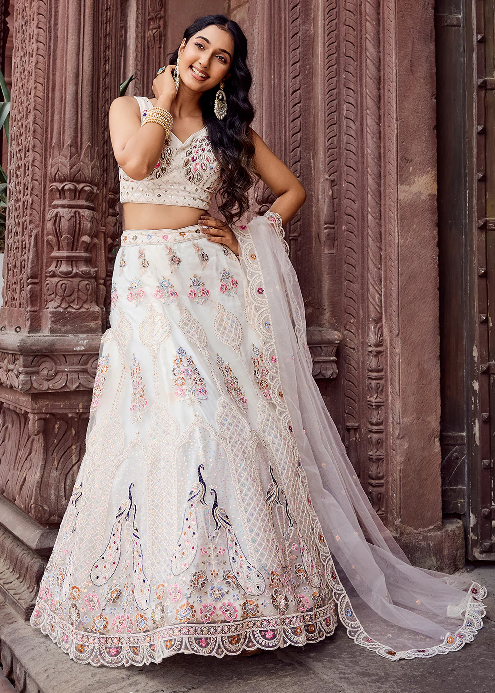 Cream Net Wedding Function Style Lehenga Choli - Image 5
