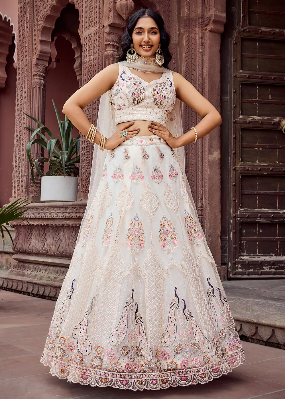 Cream Net Wedding Function Style Lehenga Choli - Image 6