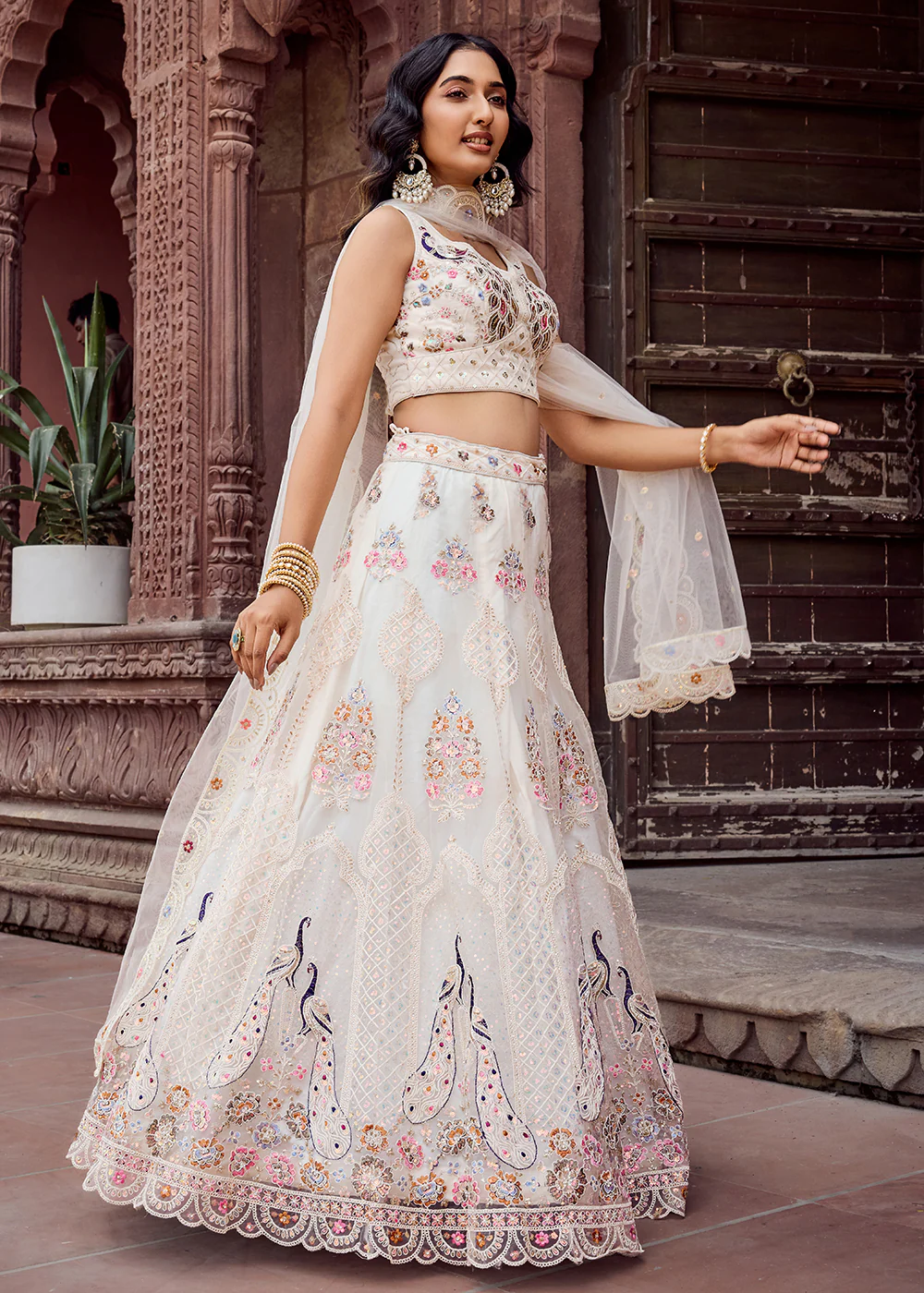 Cream Net Wedding Function Style Lehenga Choli - Image 7