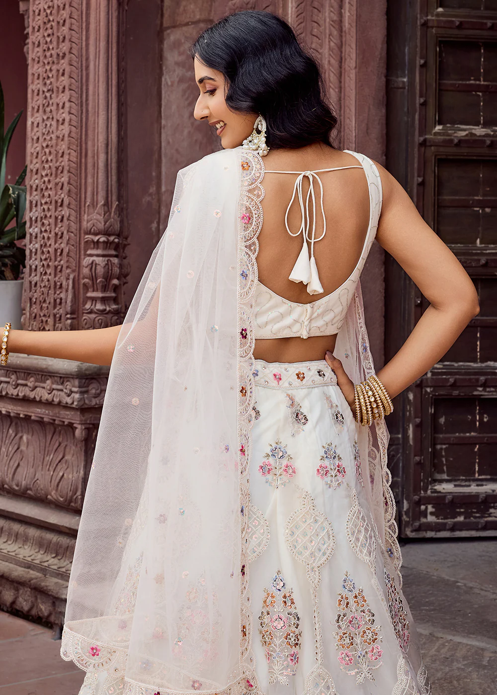 Cream Net Wedding Function Style Lehenga Choli - Image 8