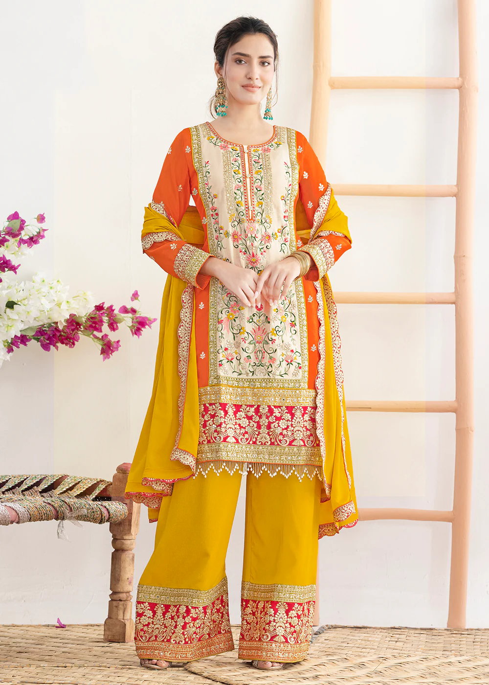 Cream & Orange Dabka Dori & Mirror Pant Style Suit - Image 3