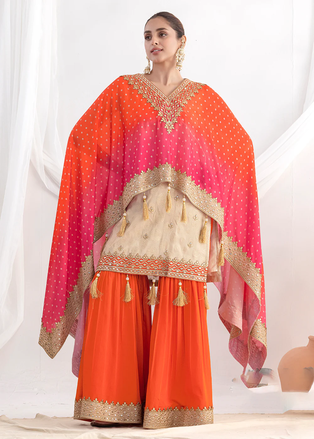 Cream & Orange Embroidered Kaftan Style Gharara Dress