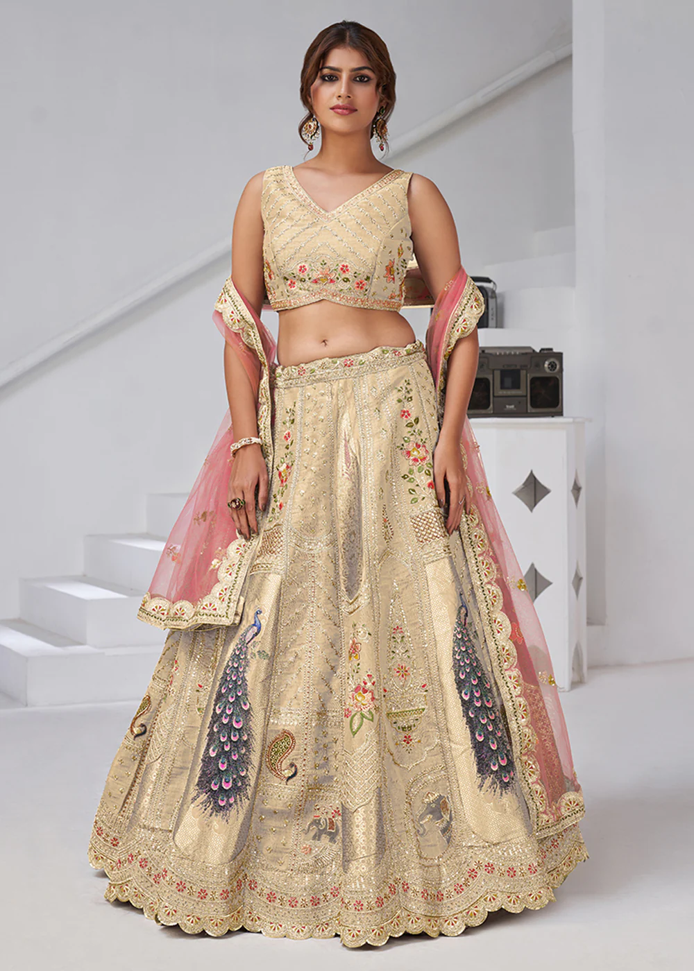 Cream Peacock Feather Motifs Traditional Lehenga Choli