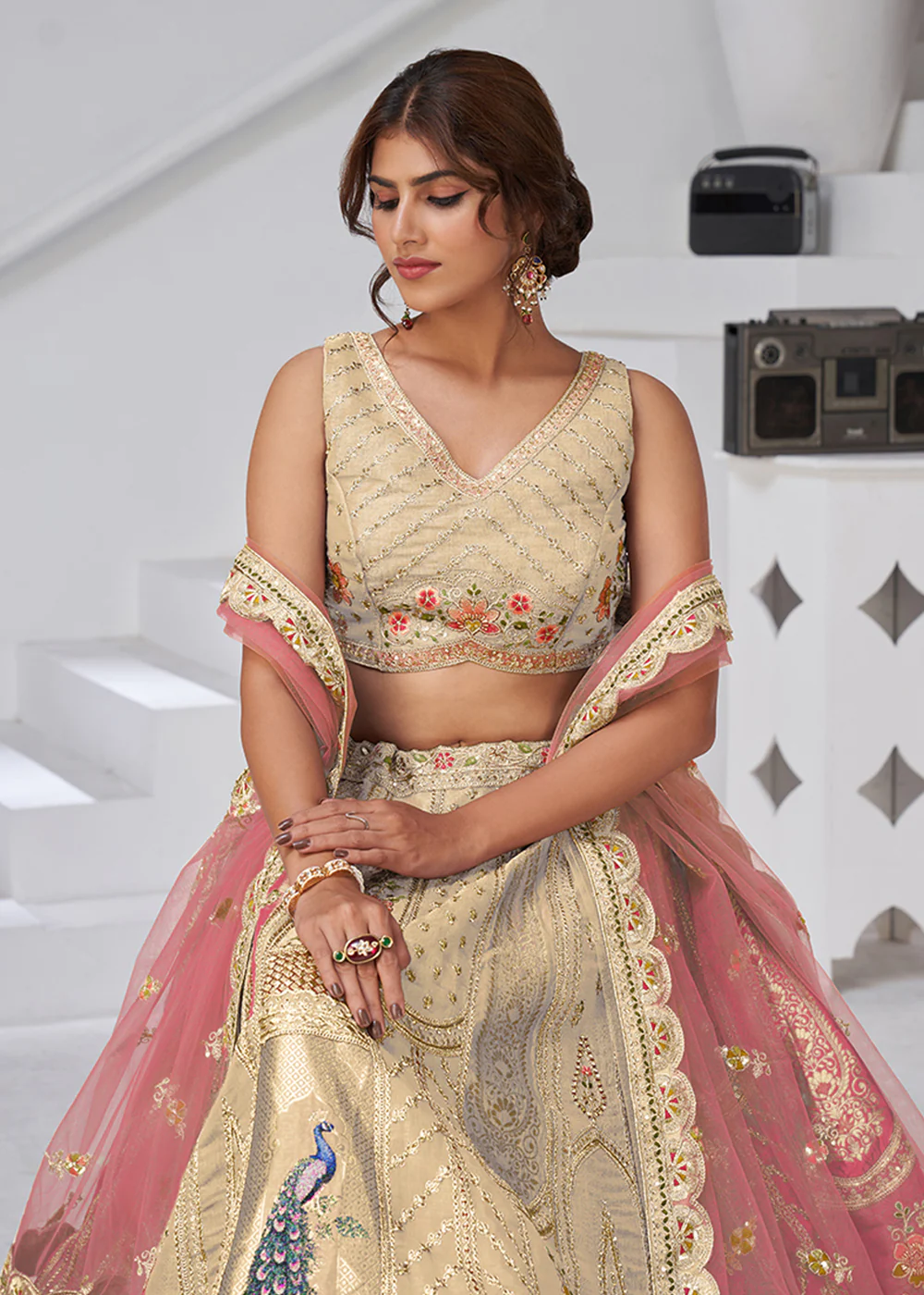 Cream Peacock Feather Motifs Traditional Lehenga Choli - Image 2