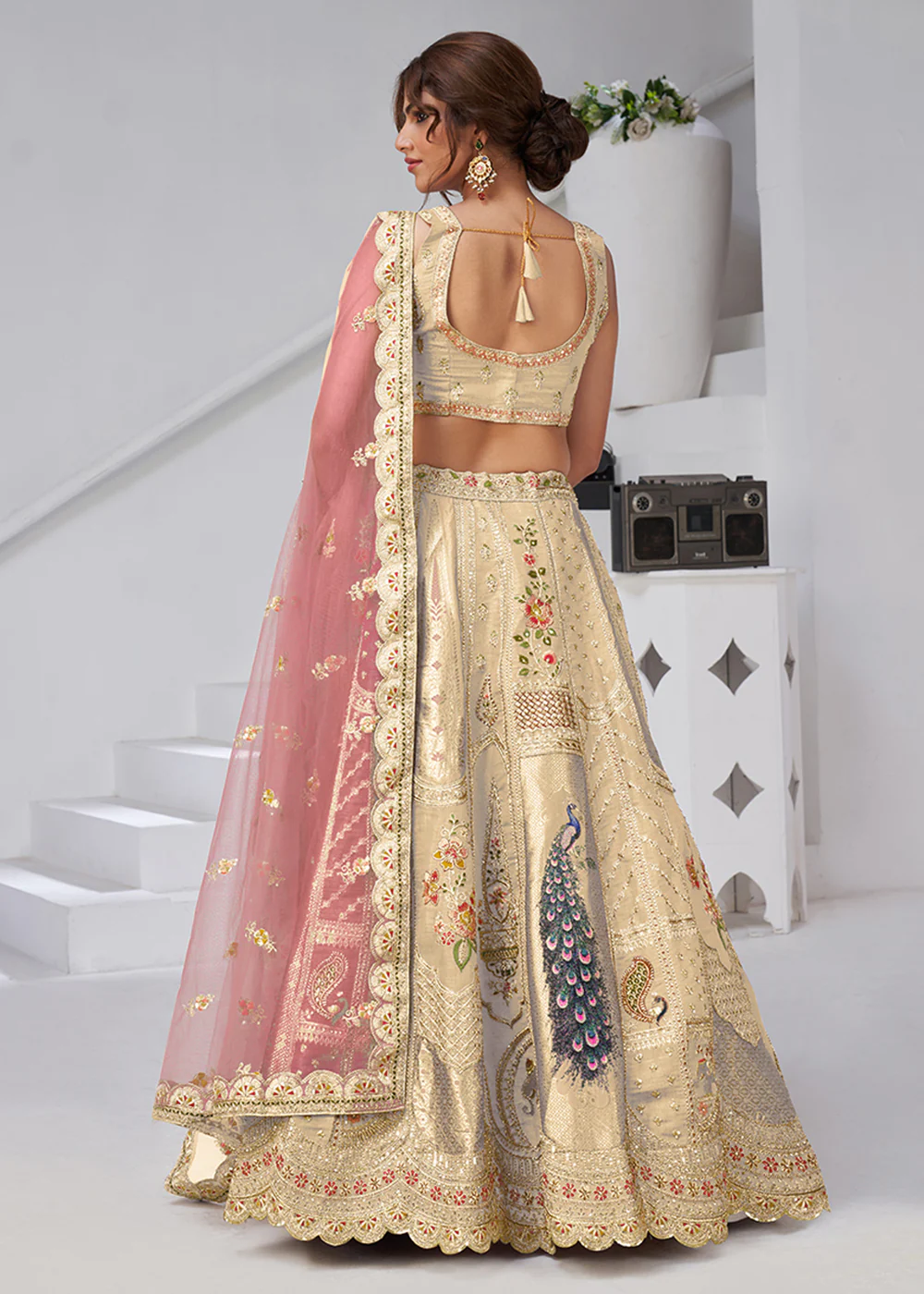 Cream Peacock Feather Motifs Traditional Lehenga Choli - Image 3