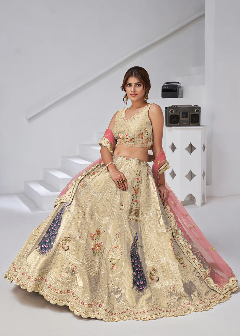 Cream Peacock Feather Motifs Traditional Lehenga Choli - Image 4