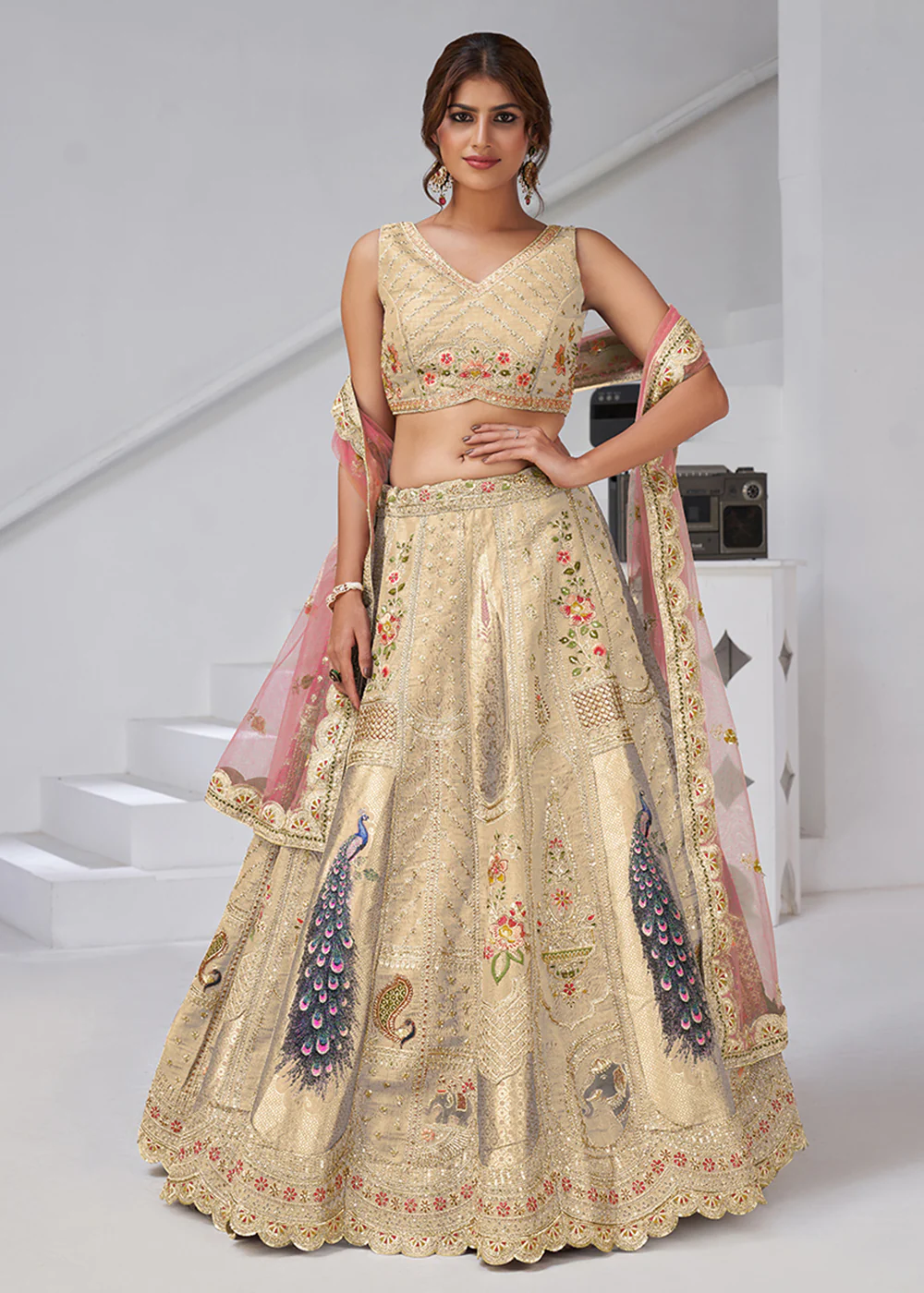 Cream Peacock Feather Motifs Traditional Lehenga Choli - Image 6