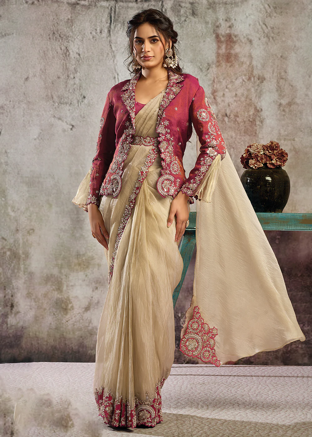 Cream & Pink Designer Party Wear Pre Draped Saree