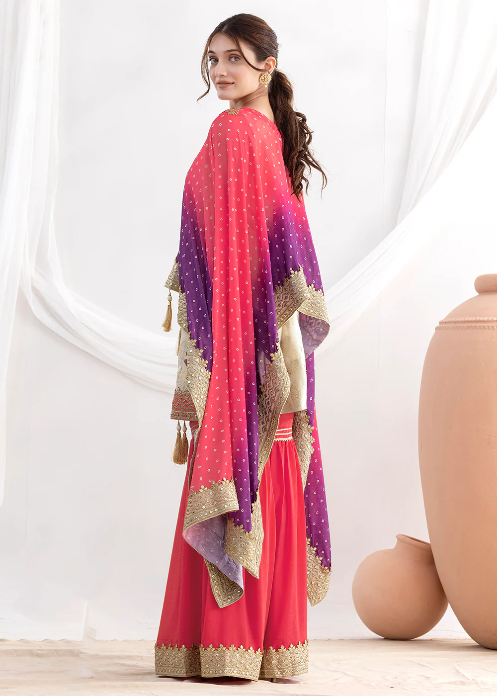 Cream & Pink Embroidered Kaftan Style Gharara Dress - Image 3