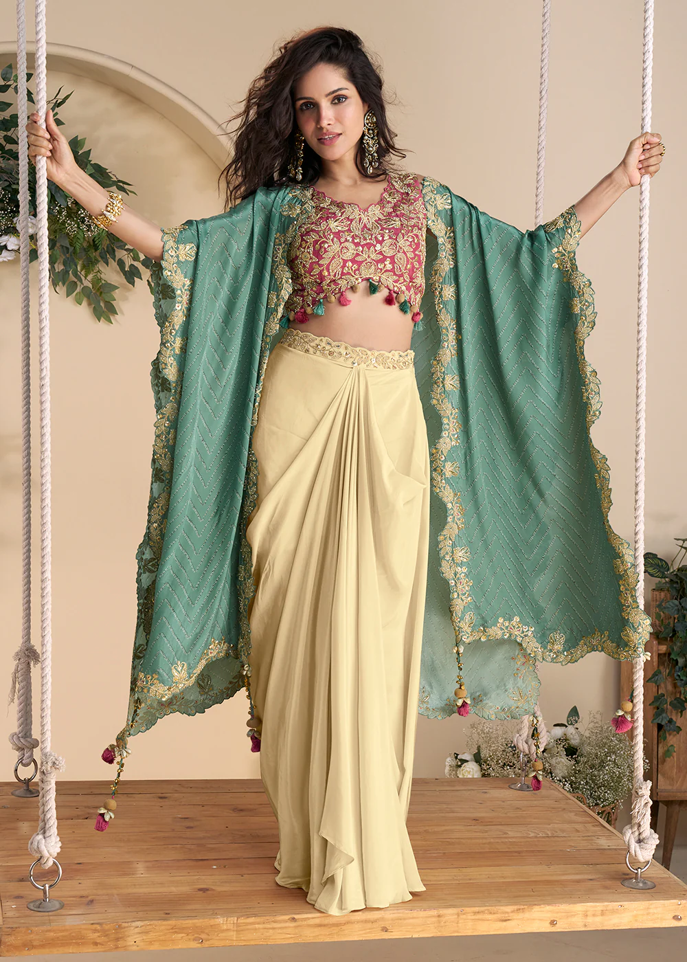 Cream Pink Embroidered Shrug Style Indo Western Suit