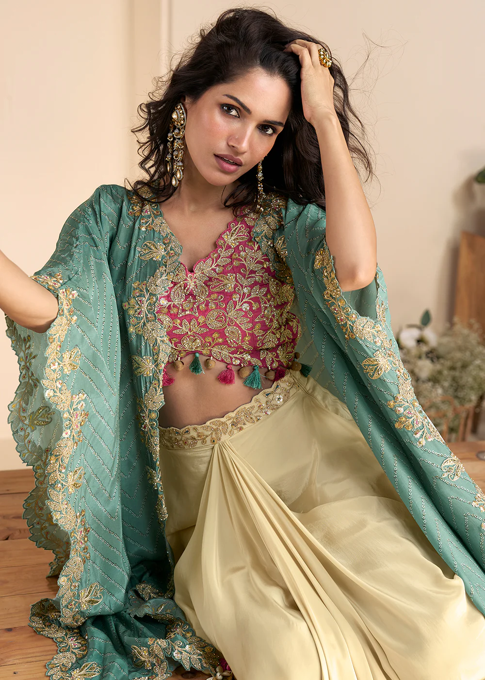 Cream Pink Embroidered Shrug Style Indo Western Suit - Image 2