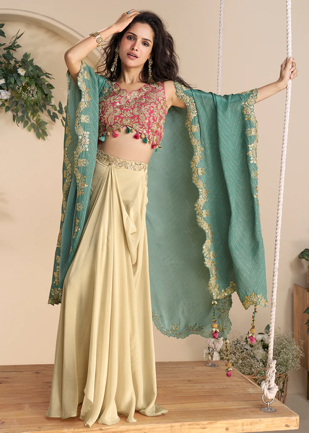 Cream Pink Embroidered Shrug Style Indo Western Suit - Image 3