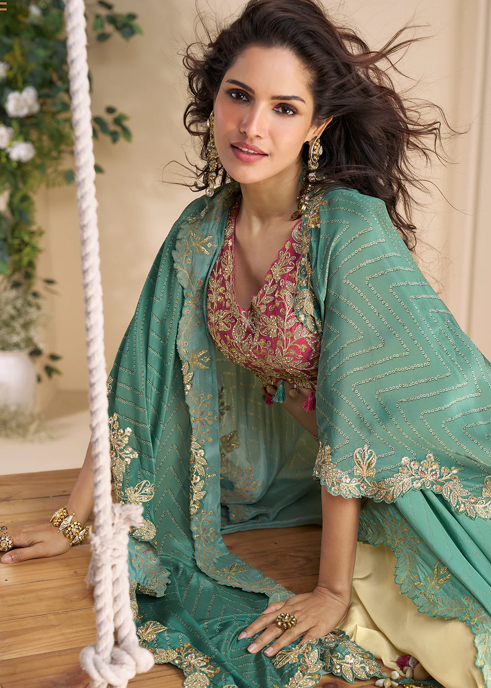 Cream Pink Embroidered Shrug Style Indo Western Suit - Image 4